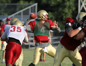 Jake Glover, accounting senior, throws the ball during a scrimmage Aug. 21 at the practice fields.
