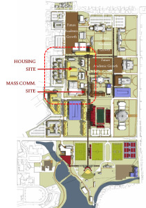 The original long-range, master plan, shows sites of facilities to be built decades in the future depending on enrollment and funding.