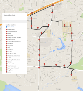 Map of the new bus route and the 21 stops.