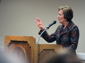 Suzzane Shipley, former president of Shephard University, and new president at MSU, answers questions at a  forum Feb. 14, 2015. Photo by Rachel Johnson