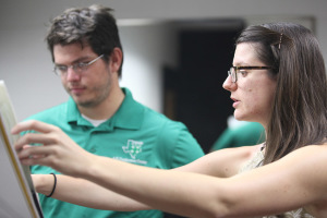 Hana Beloglavec, visiting instructor and international award-winning trombonist, helps James Ivey, music and mechanical engineer senior, in a private lesson, Sept. 9. Photo by Rachel Johnson