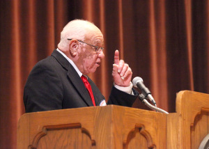 Herman Boone, guest speaker for the Artist Lecture series and retired coach, gives an introduction to his speech on team dynamics and success in relations to his past and the challenges him and his team faced and overcame, held in Akin Auditorium with about 400 people in attendance, Oct 13. Photo by Gabriella Solis