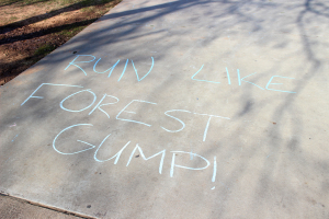 Encouraging messages were written around Sikes Lake to motivate participants of the one mile Cookie Dash set up by the University Programming Board, Jan. 23, 2016. Photo by Francisco Martinez.