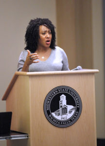 Syreeta Greene, director of equity, inclusion, and multicultural affairs moderates the Critical Conversation Series, speaking about the Campus Climate survey on sexual misconduct. Nov 27. Photo by Bridget Reilly