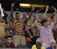 Micah Whitworth, criminal justice freshman, and Kevin Nop, mechanical engineering freshman, cheer with the stang gang and surroundung students at Midwestern State University v. Eastern New Mexico game at AT&T Cowboys Stadium in Arlington, Sept. 20, 2014. Photo by Rachel Johnson