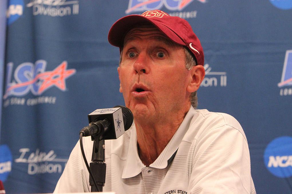 Head football coach Bill Maskill answers questions from reporters during the press conference after the  Midwestern State University v. Eastern New Mexico game at AT&T Cowboys Stadium in Arlington, Sept. 20, 2014. Photo by Rachel Johnson