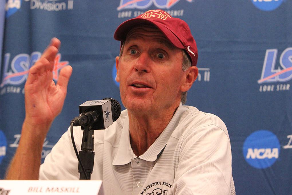 Head football coach Bill Maskill answers questions from reporters during the press conference after the  Midwestern State University v. Eastern New Mexico game at AT&T Cowboys Stadium in Arlington, Sept. 20, 2014. Photo by Rachel Johnson