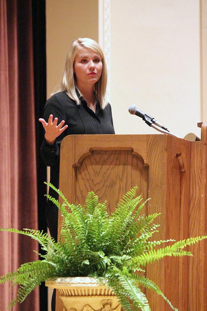 Elizabeth Smart spoke as part of the Artist-Lecture Series about being at the center of a nationally known child abduction case in 2002, and her advocacy program, Crimes Against Children, which eventually merged with the Operation Underground Railroad. There was a full house in the Akin Auditorium for the last Artist-Lecture Series of this school year. Photo by Rachel Johnson