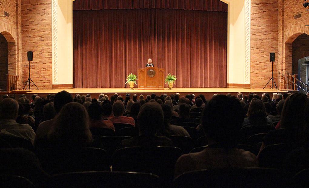 Elizabeth Smart speaks at her artist lecture series about her story of being kidnapped and the hardships she faced in the nine months she was held captive, until she was finally taken from her captives' custody and taken home. Smart was at the center of a nationally known child abduction case in 2002, and now has an advocacy program for Crimes Against Children, which eventually merged with the Operation Underground Railroad. Their was a full house in the Akin Auditorium for the last Artist-Lecture Series of this school year, Tues. April 21, 2015. Photo by Rachel Johnson