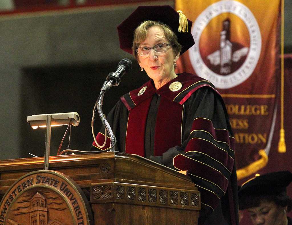 President Suzanne Shipley gives the welcome speach at the Commencement Ceremony for Aug. and Dec. 2015 graduates held in the Kay Yeager Coliseum, Dec. 12, where 440 graduates crossed the stage. Photo by Rachel Johnson