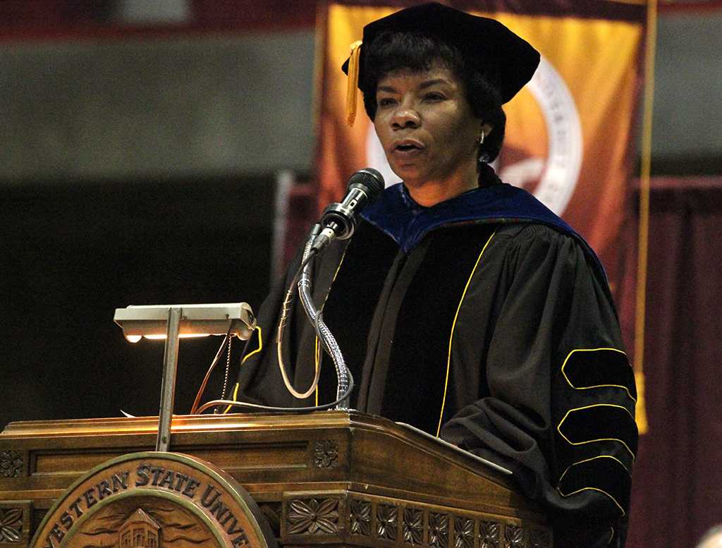 Betty Stewart, vice president for acadmeic affairs and provost, gives the introductions at the Commencement Ceremony for August and Dececember graduates held in the Kay Yeager Coliseum, Dec. 12, where 440 graduates crossed the stage. Photo by Rachel Johnson
