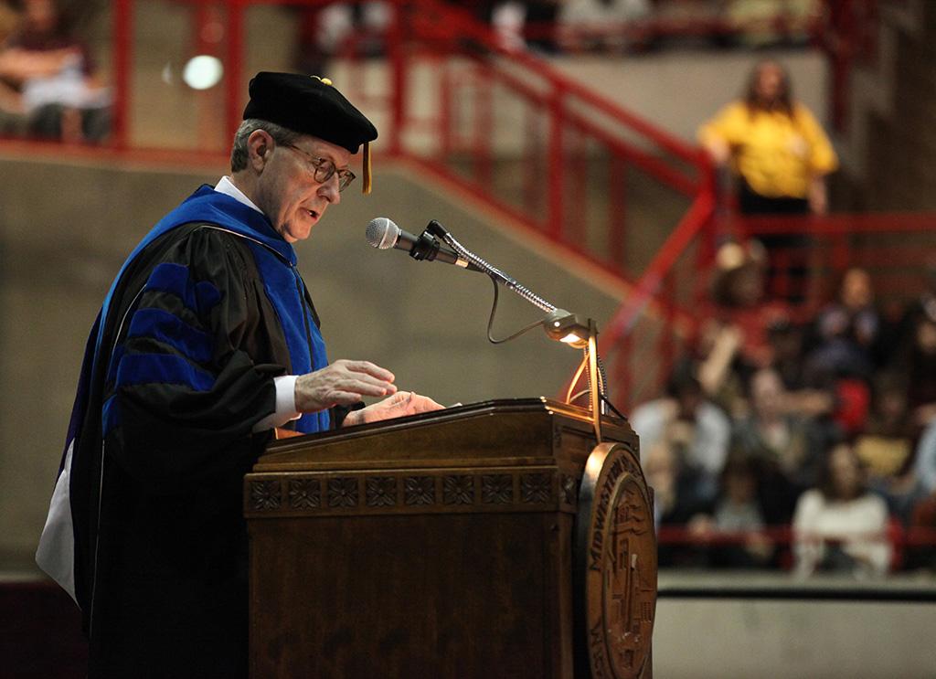 Retiring University President Jesse Rogers delivers the commencment address at Midwestern State University graduation, May 16, 2015 at the Kay Yeager Coliseum.