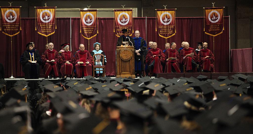 Provost Betty Stewart introduces the graduation speaker at Midwestern State University graduation, May 16, 2015 at the Kay Yeager Coliseum.