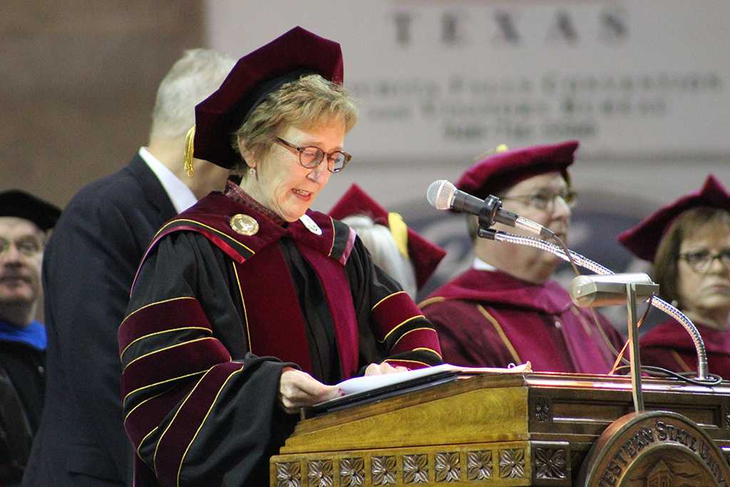 University President Suzanne Shipley addresses MSU graduates at the Midwestern State University graduation, Fall 2016. Photo by Jeanette Perry.