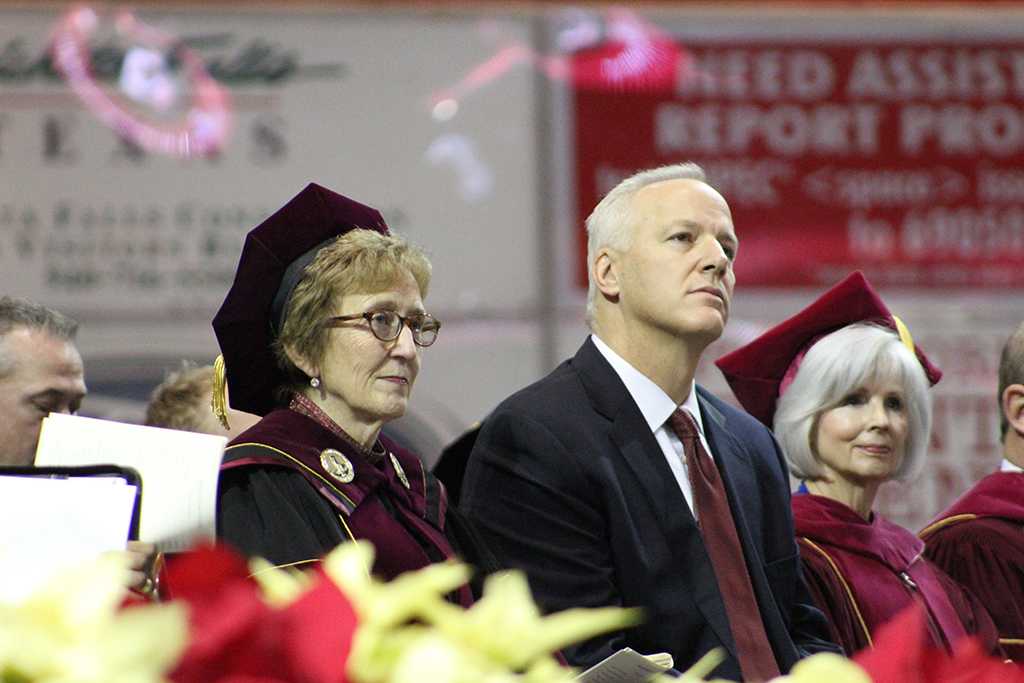 University President Suzanne Shipley and U.S. Representative James Frank listen while Provost Betty Stewart addresses the MSU graduates. Photo by Jeanette Perry.