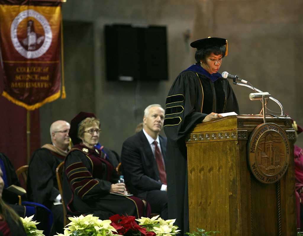Provost Betty Stewart, who is leaving to be provost at UNT-Dallas in February, addresses the audience at Midwestern State University fall graduation Dec. 17, 2016. Photo by Brendan Wynne