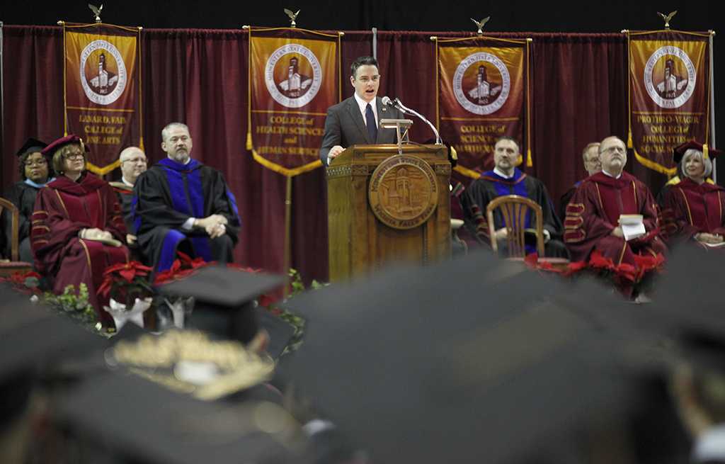Ricahard Young, commencement speaker, addresses the guest and graduates during MSU's commencement ceremony at Kay Yeager Coliseum. Saturday Dec. 16, 2017. Photo by Francisco Martinez