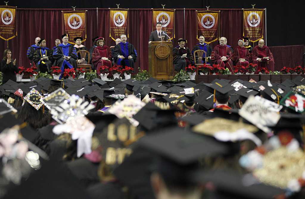 Ricahard Young, MSU alumni, addresses the guest and graduates during MSU's commencement ceremony at Kay Yeager Coliseum. Saturday Dec. 16, 2017. Photo by Francisco Martinez