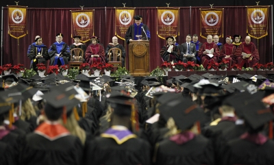 James Johnston, provost and vice president for academic affairs, speaks to guest and graduates during MSU's commencement ceremony at Kay Yeager Coliseum. Saturday Dec. 16, 2017. Photo by Francisco Martinez