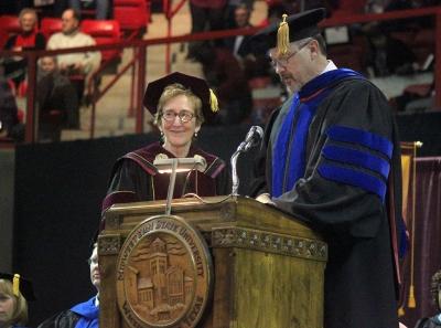 University Suzanne Shipley and Provost and Vice President for Academic Affairs James Johnston give the conferring of degrees before the presentation of 502 present graduates in Kay Yeager Coliseum, Sat. Dec. 16, 2017. Photo by Rachel Johnson