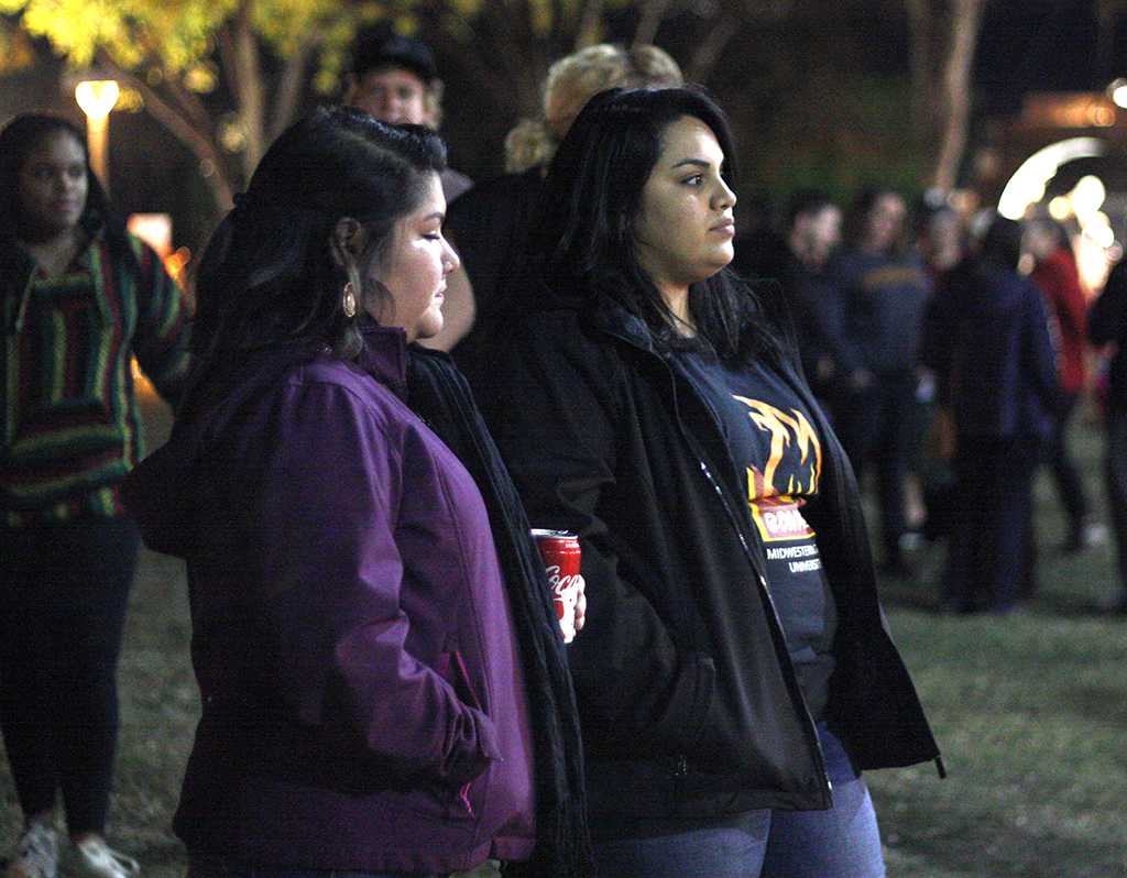 Norma Ramirez, assistant director of residence life, and Patricia Ramirez, bilingual education , at the MSU Burns Fantasy of Lights on the front lawn of the Hardin Building on Monday, Nov. 20, 2017. Photo by Justin Marquart