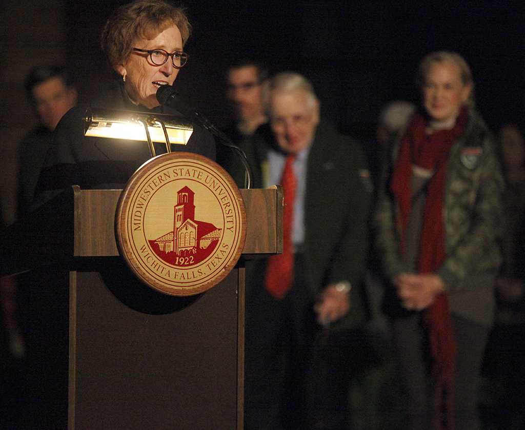 Suzanne Shipley, university president, address the guest during the MSU Burns Fantasy of Lights Opening Night at Akin Auditorium, Monday, Nov. 20, 2017. Photo by Francisco Martinez