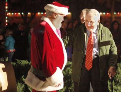Santa, Woodrow Gossom County Judge, and Bill Thacker at the MSU Burns Fantasy of Lights on the front lawn of the Hardin Building on Monday, Nov. 20, 2017. Photo by Justin Marquart