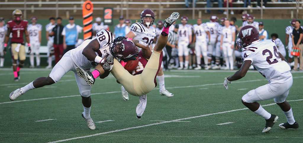 Wide receiver D.J. Myers, senior, goes down at the homecoming game against West Texas A&M Oct. 21, 2017. MSU won the game, called with about 5 minutes left on the clock due to weather, 45-3. Photo by Bradley Wilson.