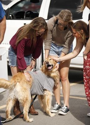 Haley Alda, dental hygiene freshman, Lauren Pittman, business management, and Alyson Beard, exercise physiology, pet the dog Cooper during the tailgate for MSU vs. West Texas A&M at Memorial Stadium, MSU won 45-3, Saturday, Oct. 21, 2017. Photo by Francisco Martinez