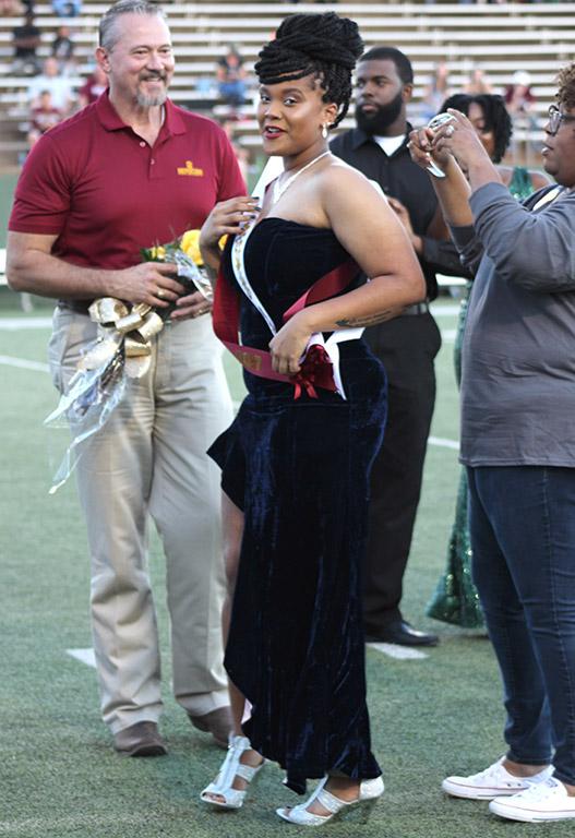 Jaylon Williams, sociology senior, gets ready to become Homecoming Queen at the West Texas vs MWSU 2017 football game held in the Memorial Stadium Oct. 21. Photo by Marissa Daley