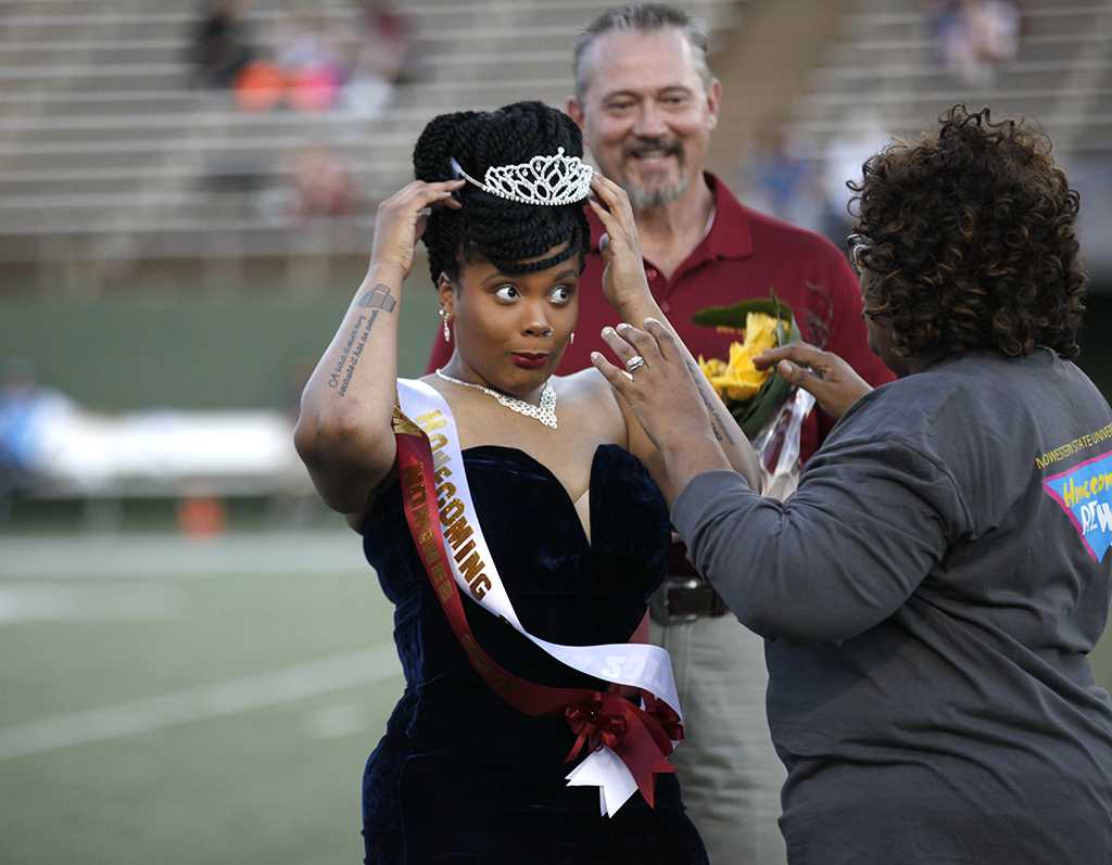 Jaylon Williams, sociology senior, being crowned Queen during half-time of the MSU vs West Texas A&M game at Memorial Stadium, MSU won 45-3, Saturday Oct. 21, 2017. Photo by Francisco Martinez