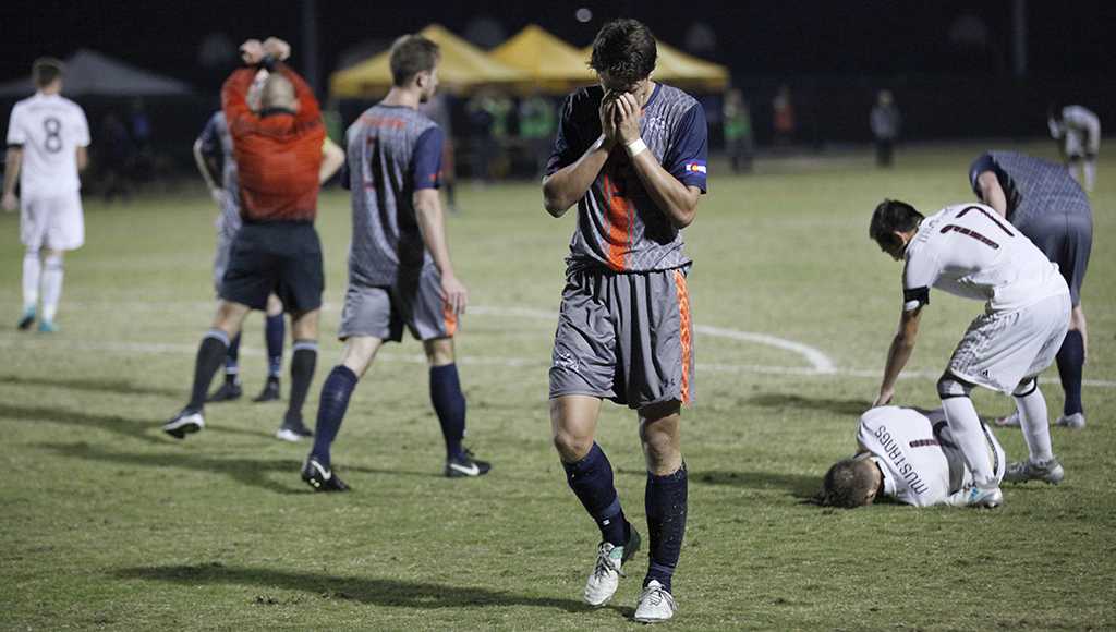 Pierre Bocquet, business senior, recieves a penalty kick after being fouled within the goalie box during the NCAA Division II South Central Regional game vs Colorado School of Mines at Stang Park, where MSU won 2-0. Thursday, Nov. 16, 2017. Photo by Francisco Martinez