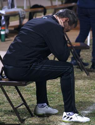 Head coach Doug Elder keeps his composure during a penalty kick given to Colorado School of Mines in the NCAA Division II South Central Regional Championships. Nov 16. Photo by Bridget Reilly