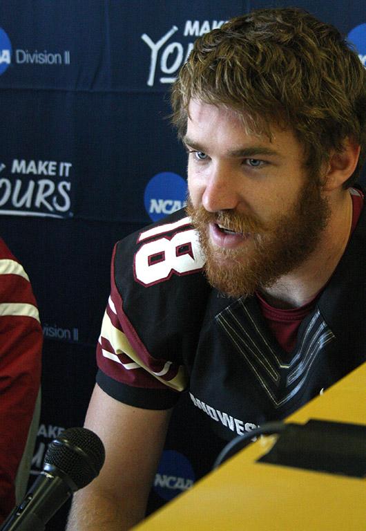 Layton Rabb, accounting junior, answers questions at the press conference held at the end of the Round One NCAA II Playoffs game where MSU beat University of Sioux Falls 24-20, advancing MSU to Round Two against Minnesota State. Photo by Rachel Johnson