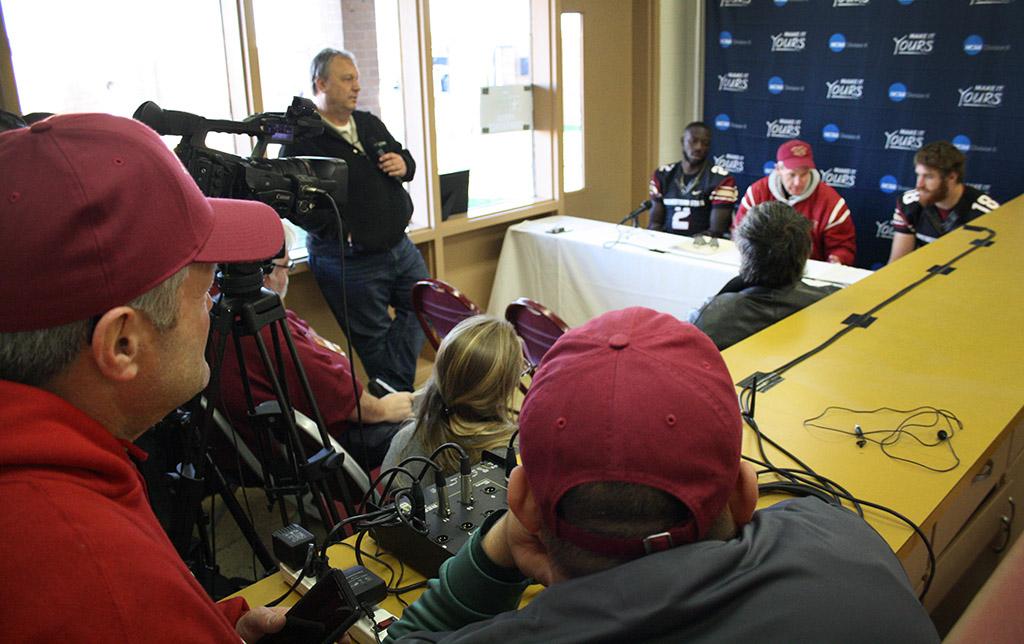 Sir'vell Ford, criminal justice senior, Head Football Coach Bill Maskill and Layton Rabb, accounting junior, answer questions at the press conference held at the end of the Round One NCAA II Playoffs game where MSU beat University of Sioux Falls 24-20, advancing MSU to Round Two against Minnesota State. Photo by Rachel Johnson