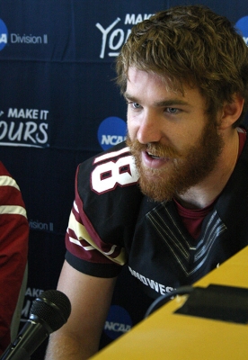 Layton Rabb, accounting junior, answers questions at the press conference held at the end of the Round One NCAA II Playoffs game where MSU beat University of Sioux Falls 24-20, advancing MSU to Round Two against Minnesota State. Photo by Rachel Johnson