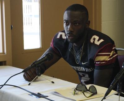 Sir'vell Ford, criminal justice junior, answers questions at the press conference held at the end of the Round One NCAA II Playoffs game where MSU beat University of Sioux Falls 24-20, advancing MSU to Round Two against Minnesota State. Photo by Rachel Johnson