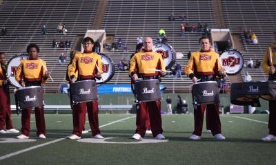 MSU's Golden Thunder Drumline performs for the halftime show cduring the Round One NCAA II Playoff game against University of Sioux Falls at Memorial Stadium, Saturday Nov. 18, 2017. MSU beat USF 24-20. Photo by Rachel Johnson
