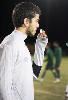 Jacob Hernandez, accounting sophomore, wipes his nose with a tissue after MSU lost to Cal Poly Pomona in the NCAA II Championship Playoff game during the penality kick shoot out at Stang Park Saturday, Nov. 18, 2017. Photo by Rachel Johnson