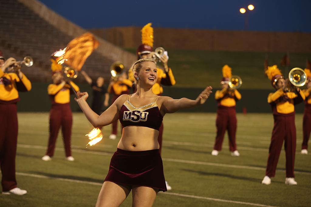 Alexis Maggard, twirler, at the Midwestern State football game, Aug. 31, 2017, against Quincy, Illinois. MWSU won 53-6 in the season opener. Photo by Bradley Wilson