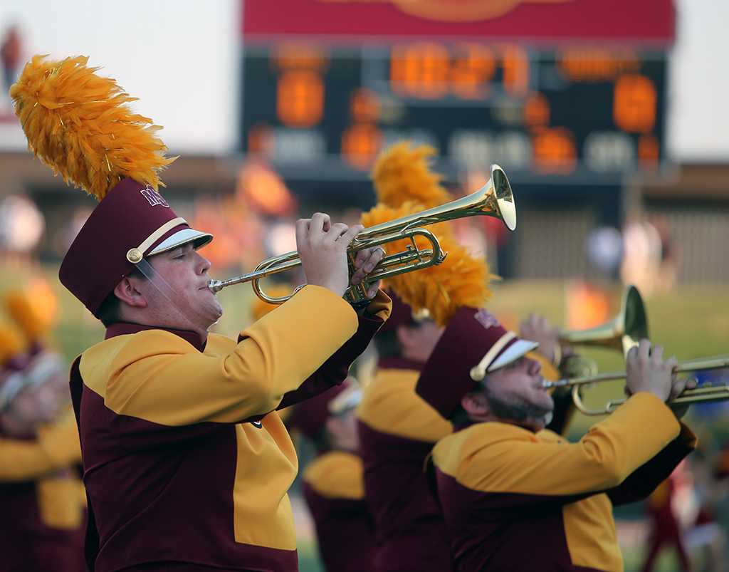 Dylan Blackwell, pre-medicine freshman, performs on his trumpet at the Midwestern State football game, Aug. 31, 2017, against Quincy, Illinois. MWSU won 53-6 in the season opener. Photo by Bradley Wilson