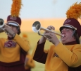 Trumpet player Tim Goff, a sophomore in music, performs at the Midwestern State football game, Aug. 31, 2017, against Quincy, Illinois. MWSU won 53-6 in the season opener. Photo by Bradley Wilson