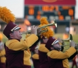 Dylan Blackwell, pre-medicine freshman, performs on his trumpet at the Midwestern State football game, Aug. 31, 2017, against Quincy, Illinois. MWSU won 53-6 in the season opener. Photo by Bradley Wilson