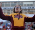 Drum major Desire Graves, music sophomore, directs the band at the Midwestern State football game, Aug. 31, 2017, against Quincy, Illinois. MWSU won 53-6 in the season opener. Photo by Bradley Wilson