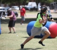 Ian Thompson, special education junior, makes a quick run for it, to safety behind an obstacle, while dodging the foam balls in the first game of Bongo Ball of the day, held in the quad, Sept. 9. Photo by Rachel Johnson