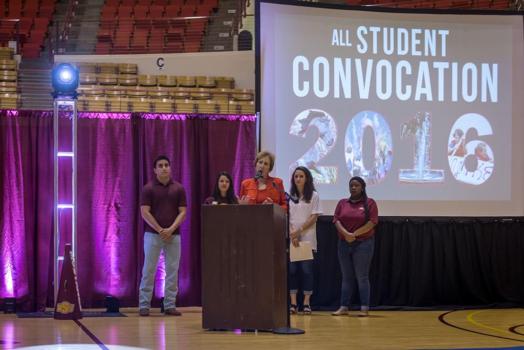 University President Suzanne Shipley welcomes students at MWSU convocation, Aug. 30. Photo by Izziel Latour