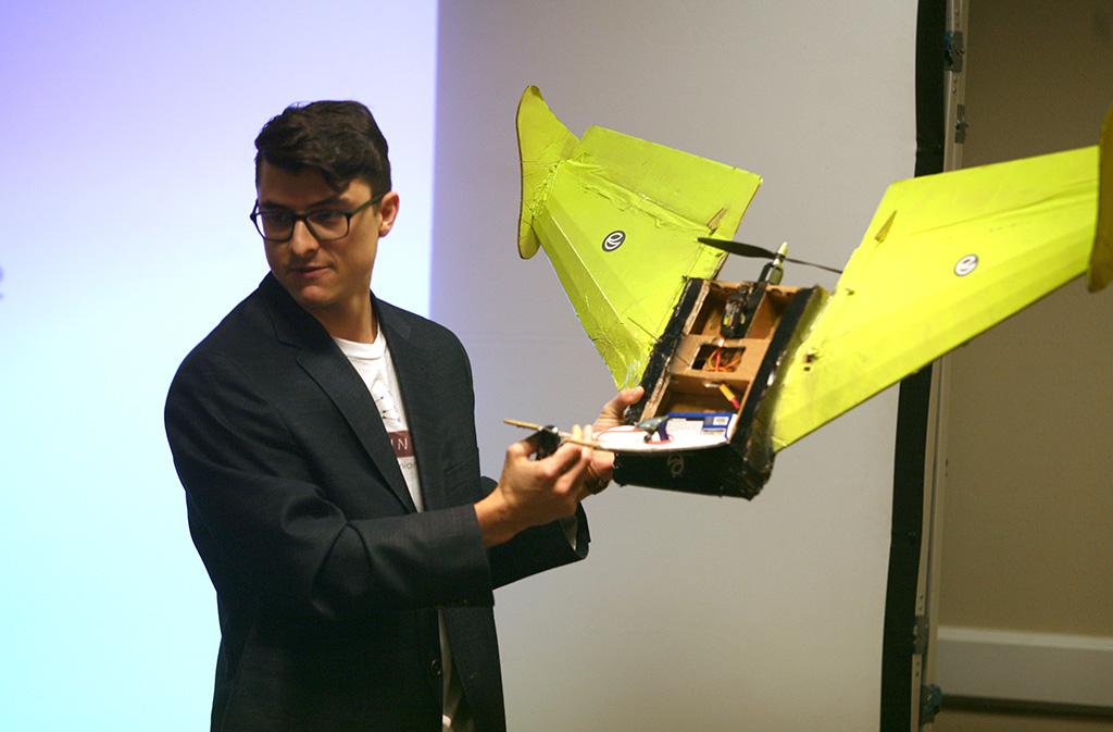 Michael Olaya presents a session to ideaMSU on drones during the Celebration of Scholarship. Photo by Bradley Wilson