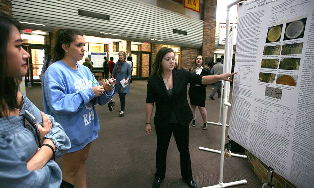 Meaghan Rose, biology senior, presents research on bacterial endophytic diversity with partner Salvator Capotosto, biology senior, during EUREKA on April 27. Photo by Arianna Davis
