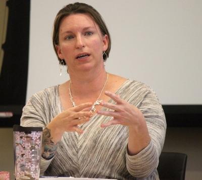 Andrea Button, sociology assistant professor, is apart of the panel discussion in Critical Conversations where they talked about first ammendment rights, specifically freedom of speech, in the Legacy Multi-Purpose Room, Monday, Feb. 19, 2018. "Things look the way they are...because our culture has maintained, proclaimed, and enabled it," Button said. Photo by Rachel Johnson
