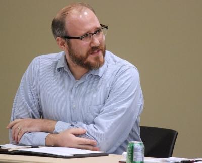 Donovan Irven, philosophy visiting assistant professor, speaks on how great of an opportunity students of Midwestern have being at a liberal arts college and gaining a broad education at Critical Conversations: "Degrees of Freedom: Is Free Speech Free?" held in Legacy Multi-Purpose Room, Monday,Feb. 19, 2018. "The idea that education is this instrumental thing [just] to get a job and make money is this profound and deep protrayal to what you [the students] are doing here and what you have the opportunity to do here," Irven said. Photo by Rachel Johnson